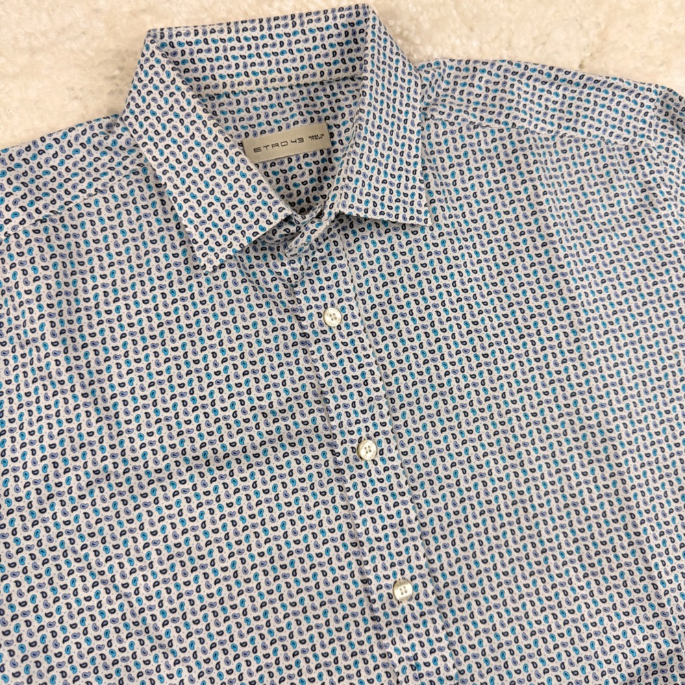 Etro Button Down Shirt Mens 43 Blue White Micro Paisley Short Sleeve Italy